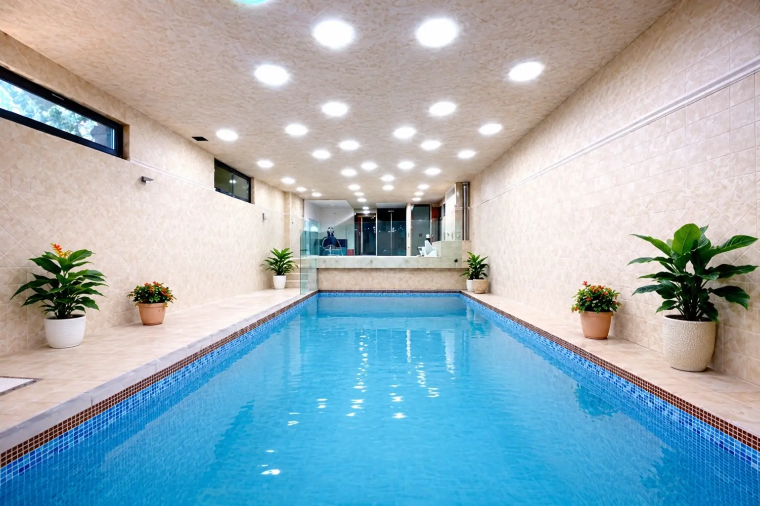 Indoor swimming pool with plants and recessed ceiling lights