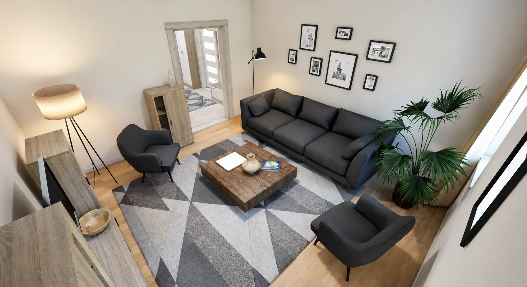 Living room with grey sofa, geometric rug and wooden coffee table