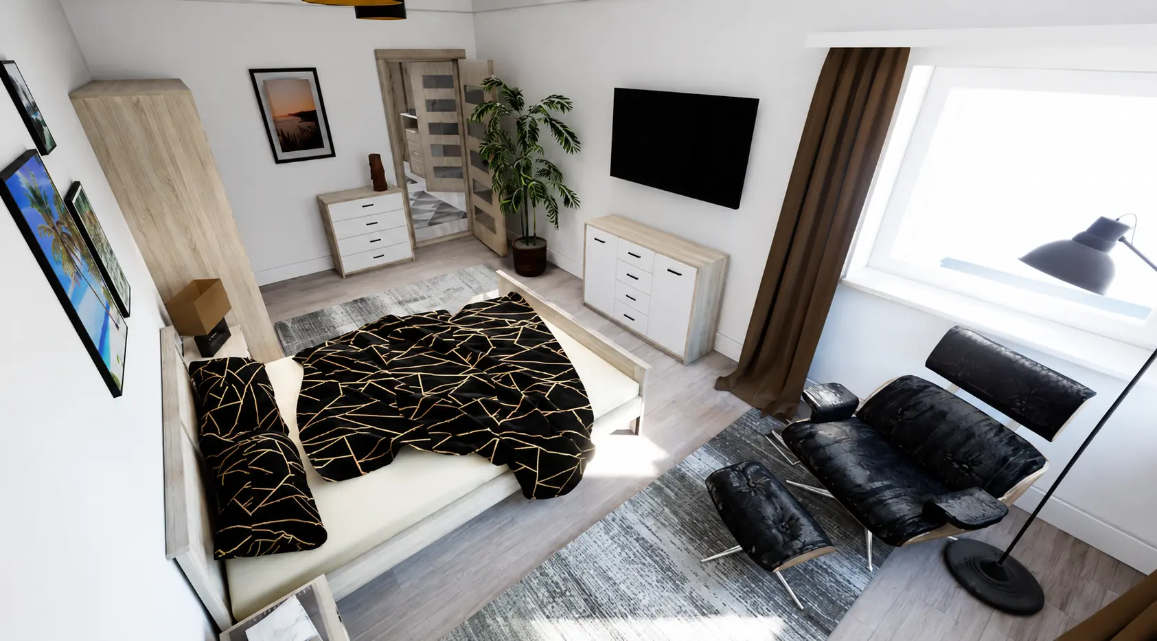 Modern bedroom with leather lounge chair and large window