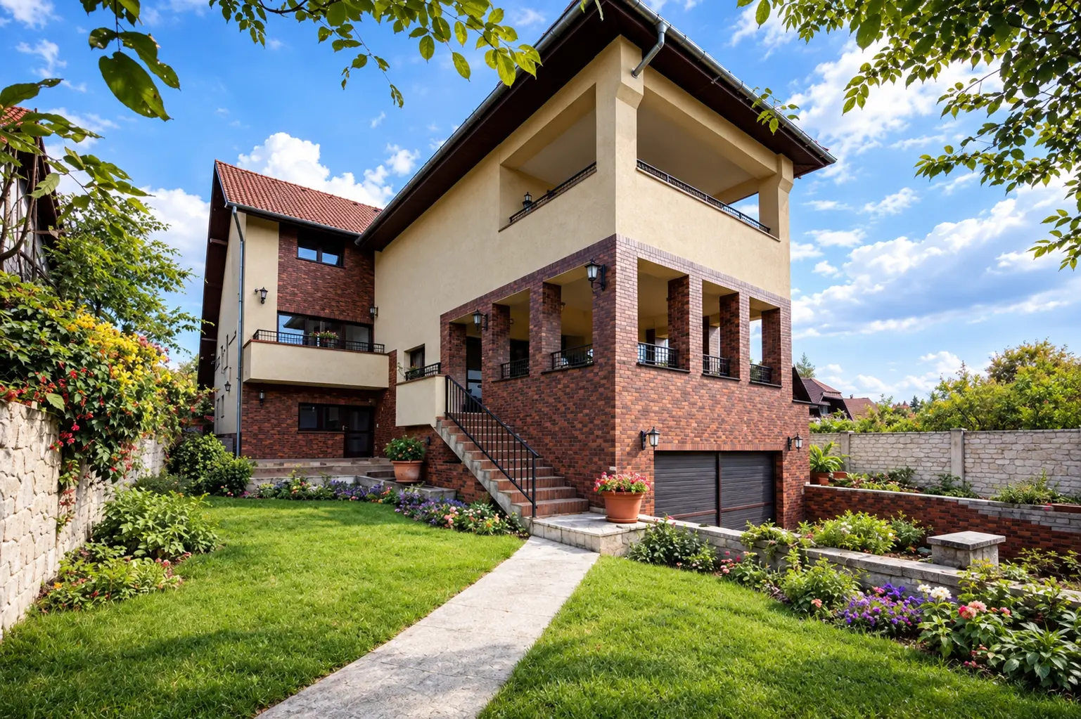 Detached house with brick façade, balconies and landscaped garden