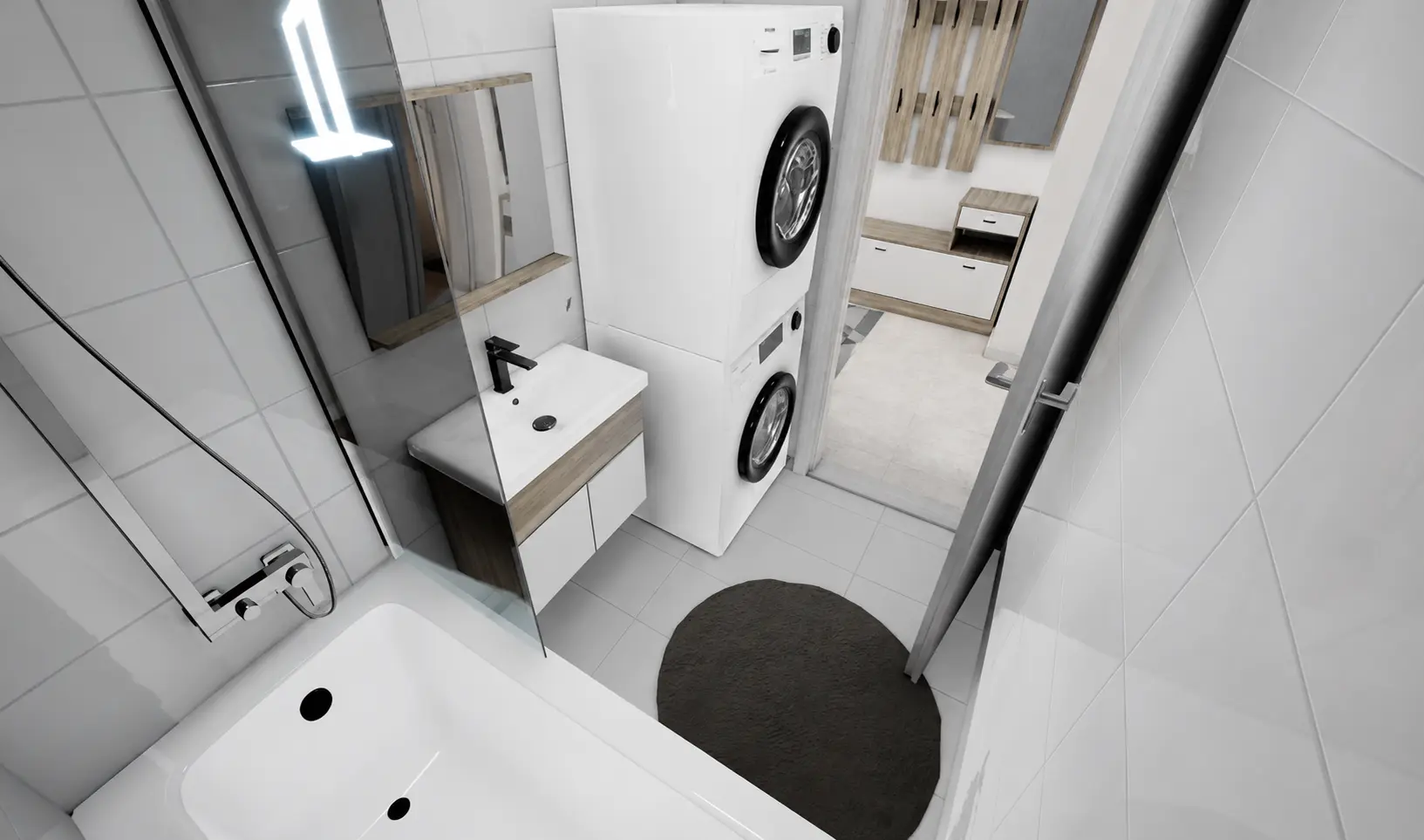 Modern white bathroom with bathtub, vanity and washing machine