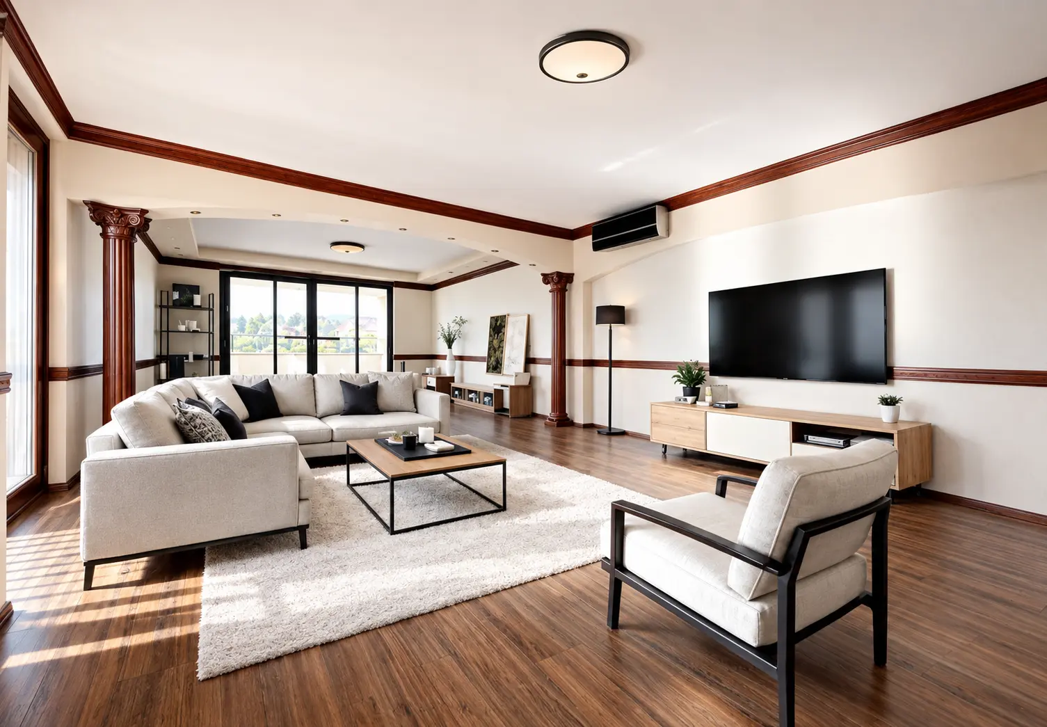 Spacious bright living room with wooden floor and white sofas